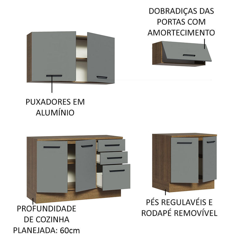 Kit com 2 Balcões e 2 Armários Aéreos Multiuso 200cm Rustic/Cinza Agata Madesa