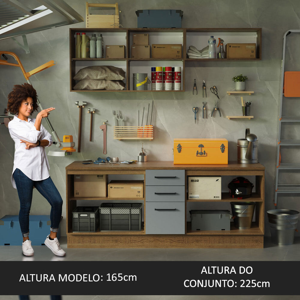 Kit com 2 Balcões e 2 Armários Aéreos Multiuso 200cm Rustic/Cinza Agata Madesa
