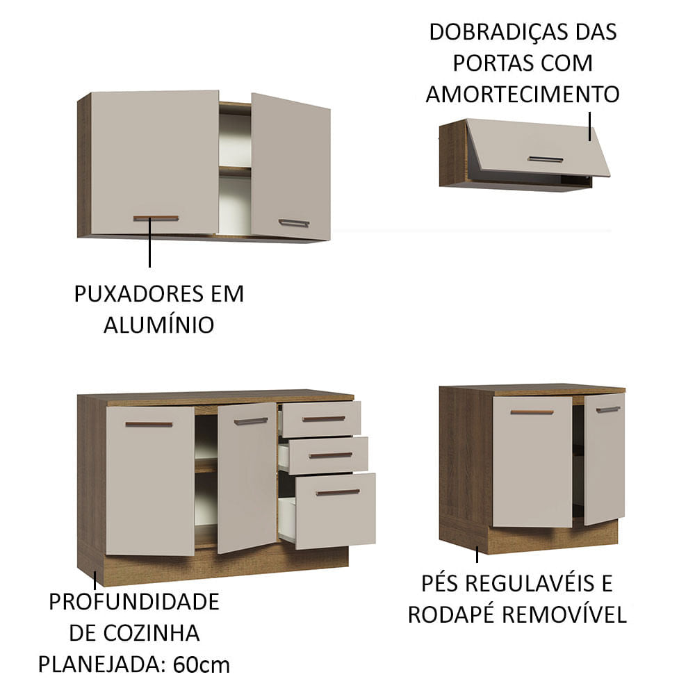 Kit com 2 Balcões e 2 Armários Aéreos Multiuso 200cm Rustic/Crema Agata Madesa