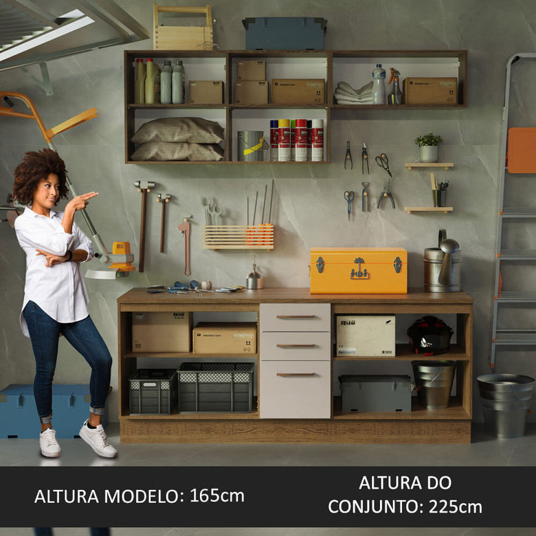 Kit com 2 Balcões e 2 Armários Aéreos Multiuso 200cm Rustic/Crema Agata Madesa