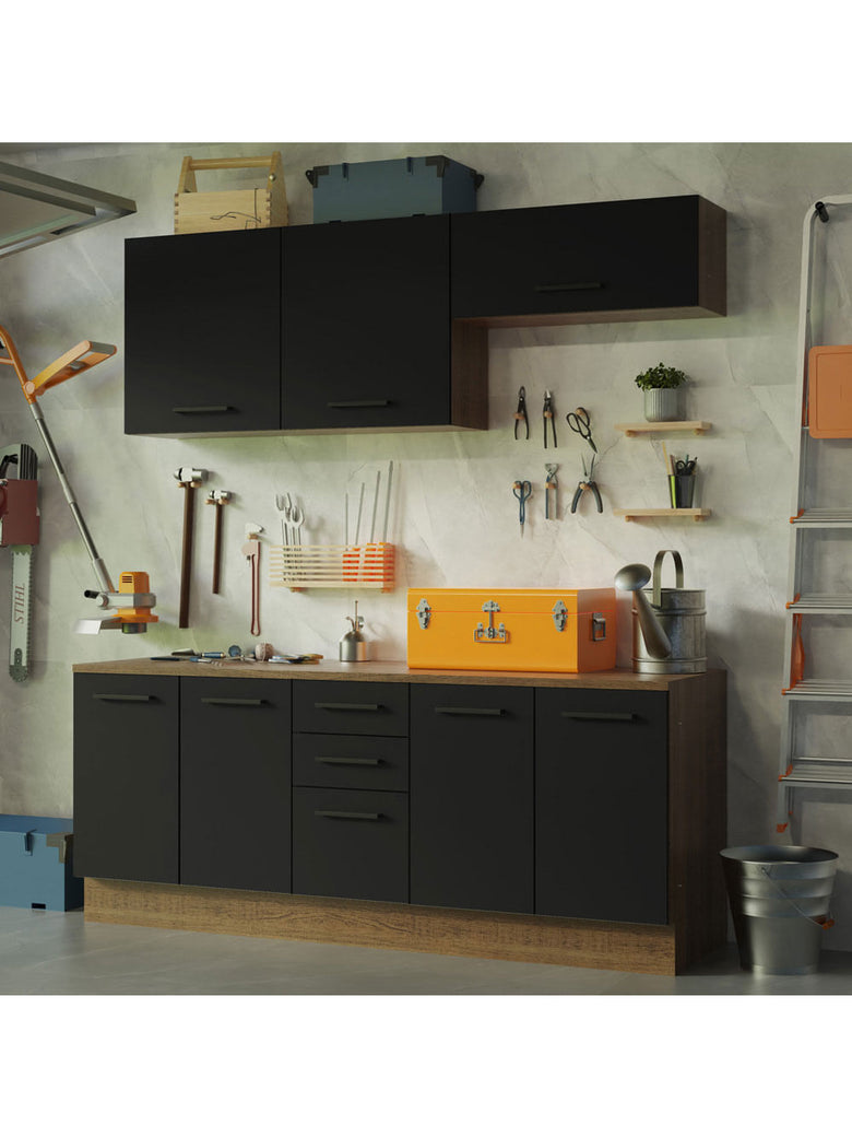 Kit com 2 Balcões e 2 Armários Aéreos Multiuso 200cm Rustic/Preto Agata Madesa