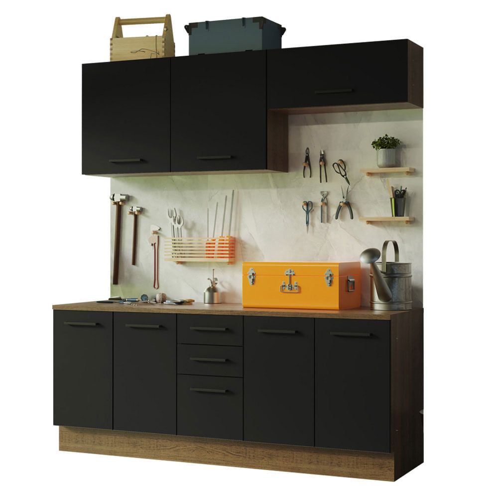 Kit com 2 Balcões e 2 Armários Aéreos Multiuso 200cm Rustic/Preto Agata Madesa - Rustic/Preto