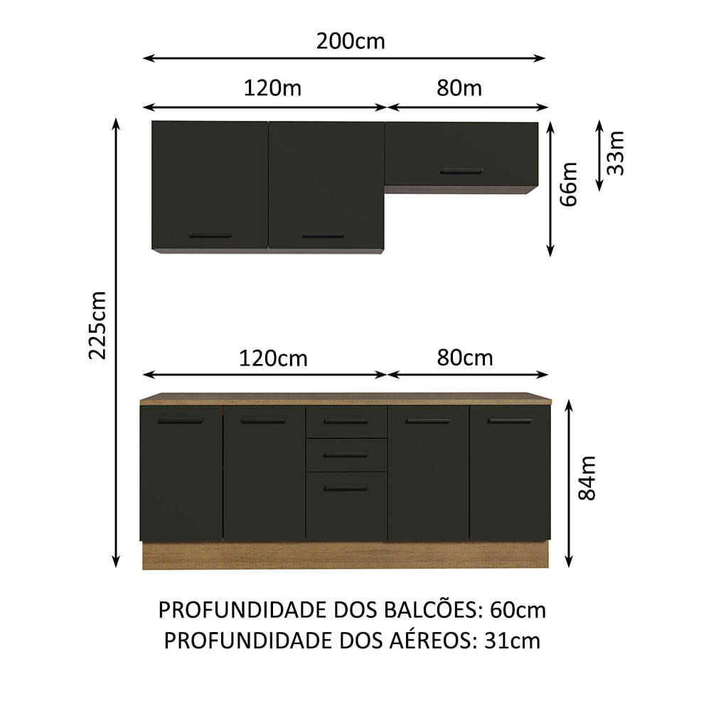 Kit com 2 Balcões e 2 Armários Aéreos Multiuso 200cm Rustic/Preto Agata Madesa