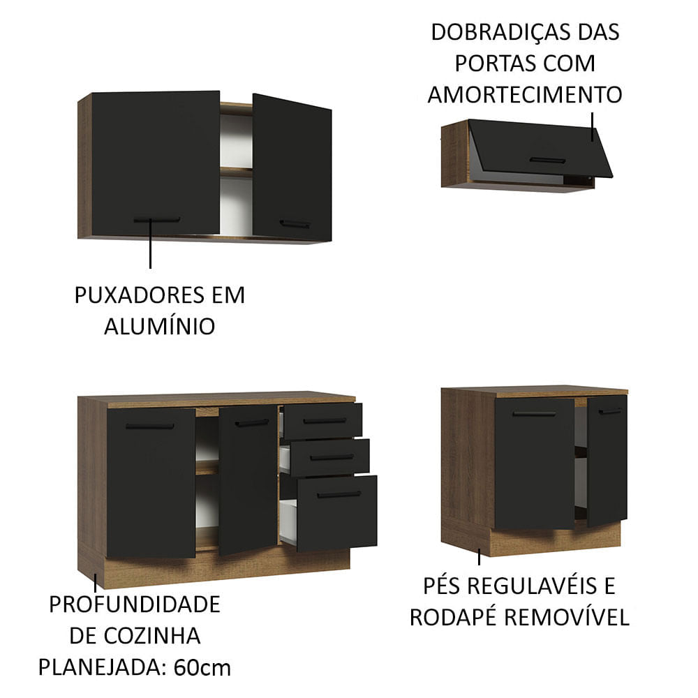 Kit com 2 Balcões e 2 Armários Aéreos Multiuso 200cm Rustic/Preto Agata Madesa