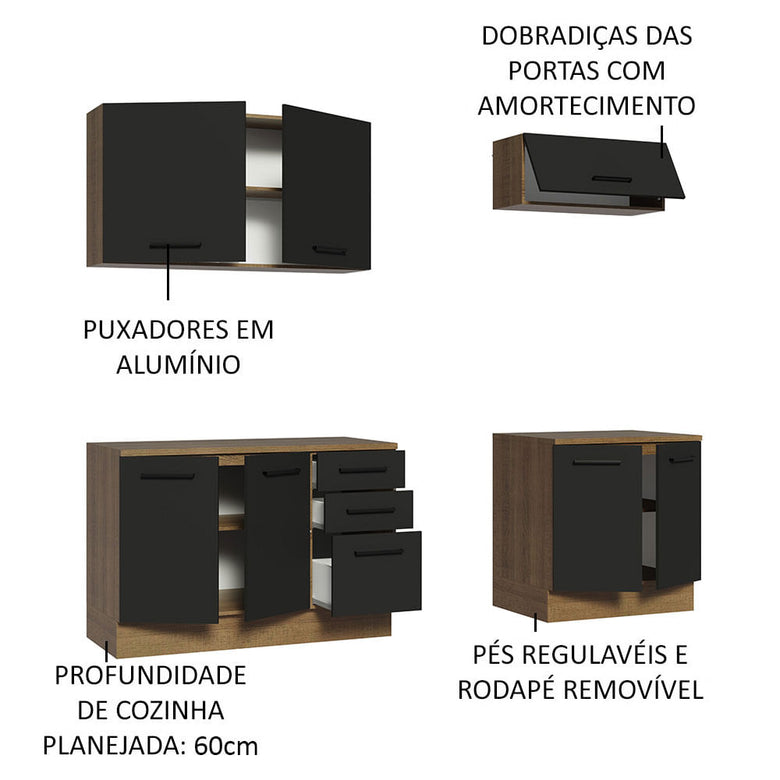 Kit com 2 Balcões e 2 Armários Aéreos Multiuso 200cm Rustic/Preto Agata Madesa