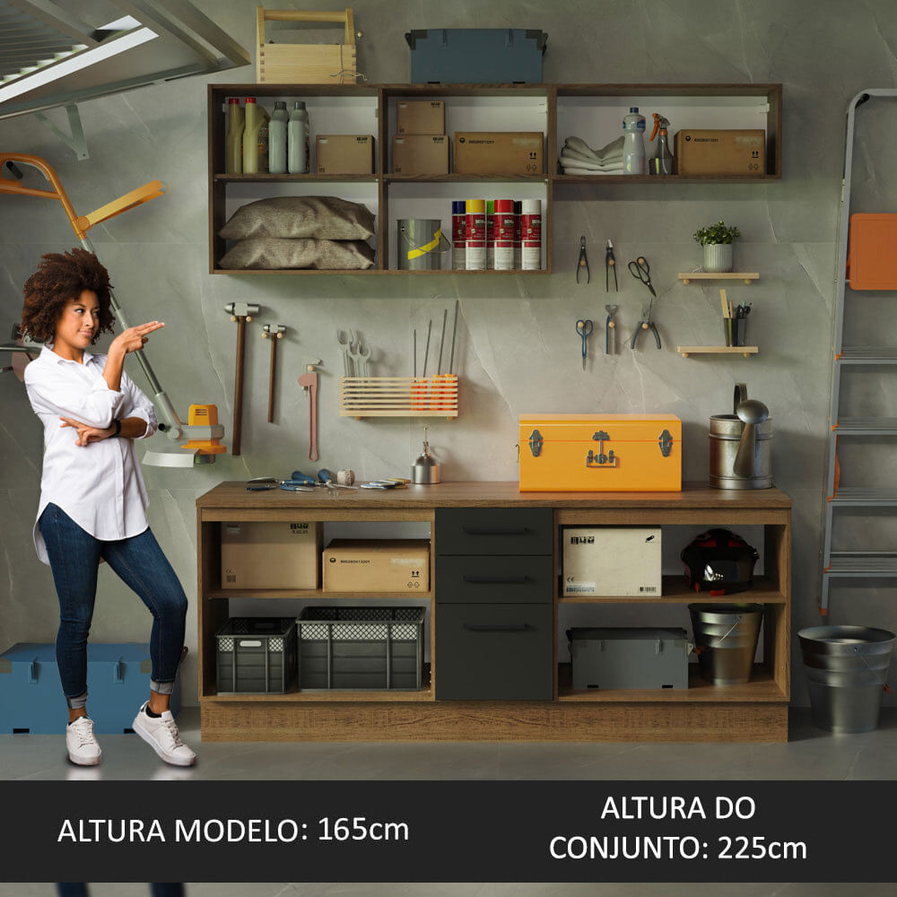 Kit com 2 Balcões e 2 Armários Aéreos Multiuso 200cm Rustic/Preto Agata Madesa