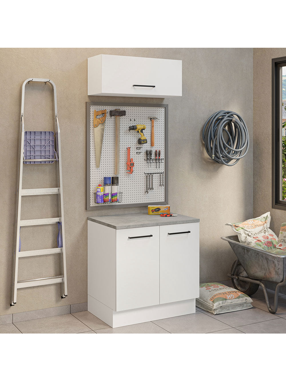 Kit com Balcão e Armário Aéreo Multiuso 80cm Branco Agata Madesa - Branco