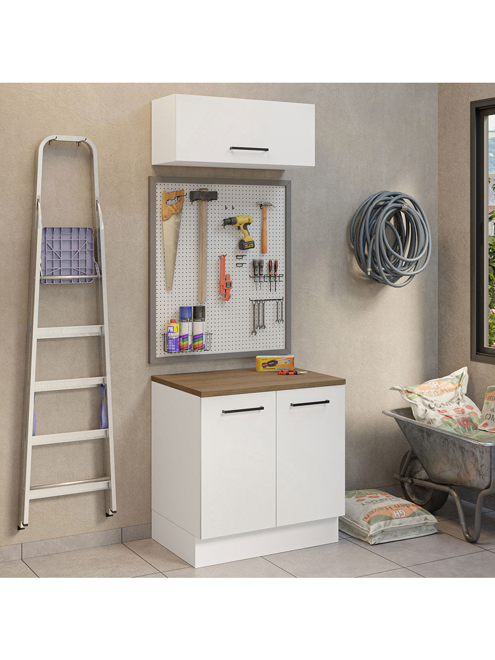 Kit com Balcão e Armário Aéreo Multiuso 80cm Branco/Rustic Agata Madesa - Branco/Rustic