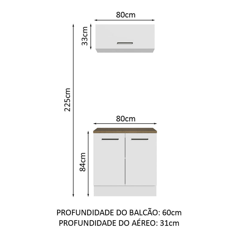 Kit com Balcão e Armário Aéreo Multiuso 80cm Branco/Rustic Agata Madesa