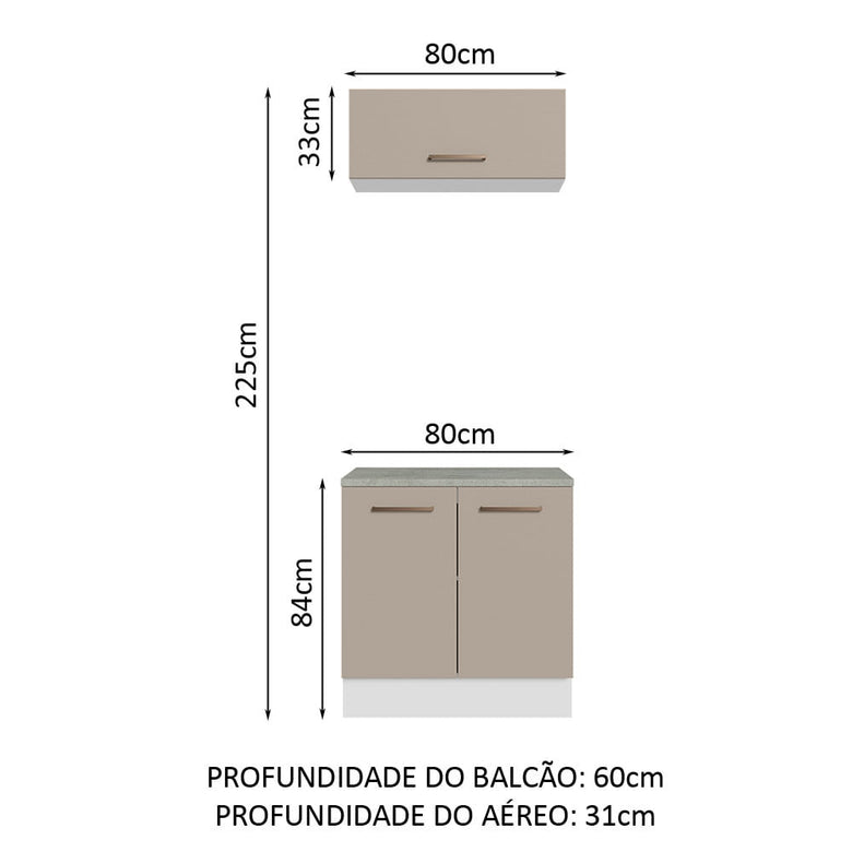 Kit com Balcão e Armário Aéreo Multiuso 80cm Branco/Crema Agata Madesa