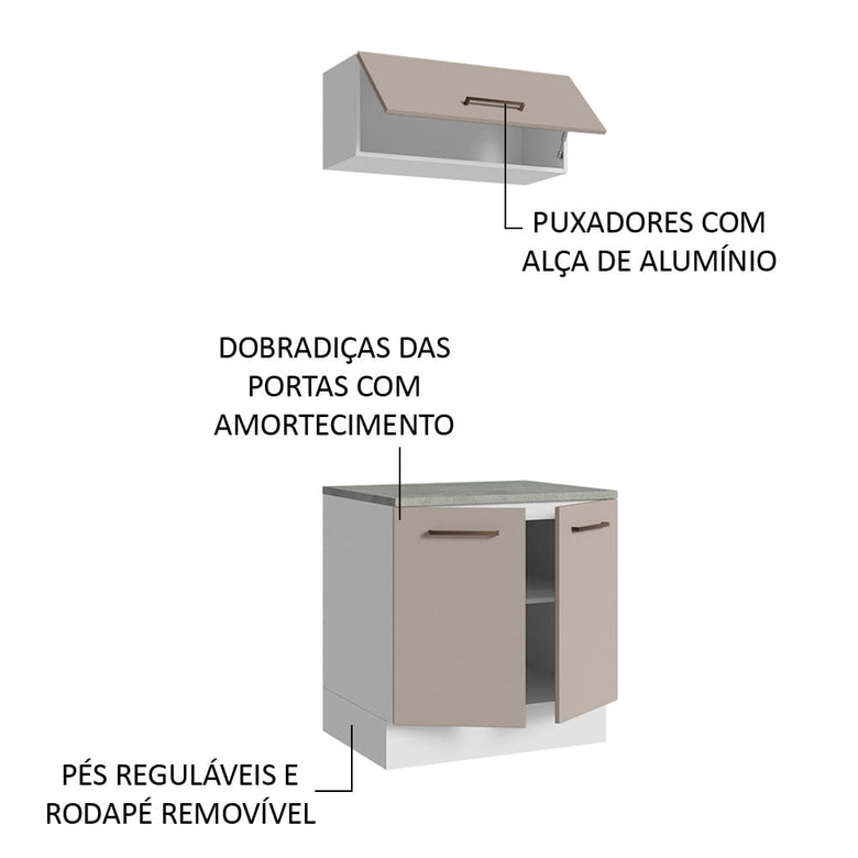 Kit com Balcão e Armário Aéreo Multiuso 80cm Branco/Crema Agata Madesa
