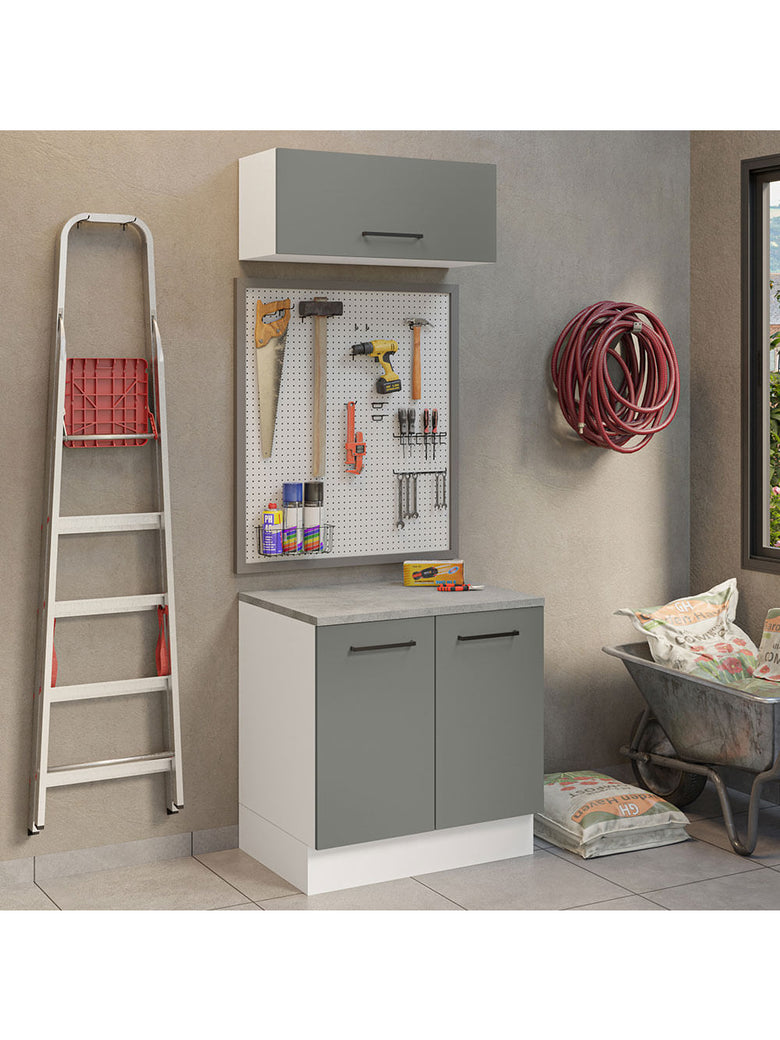 Kit com Balcão e Armário Aéreo Multiuso 80cm Branco/Cinza Agata Madesa