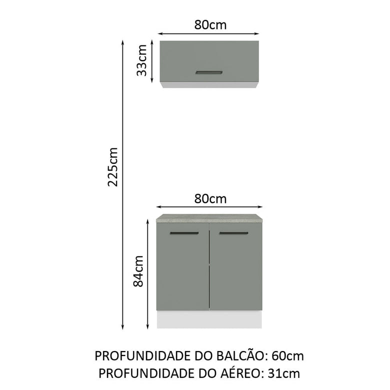 Kit com Balcão e Armário Aéreo Multiuso 80cm Branco/Cinza Agata Madesa
