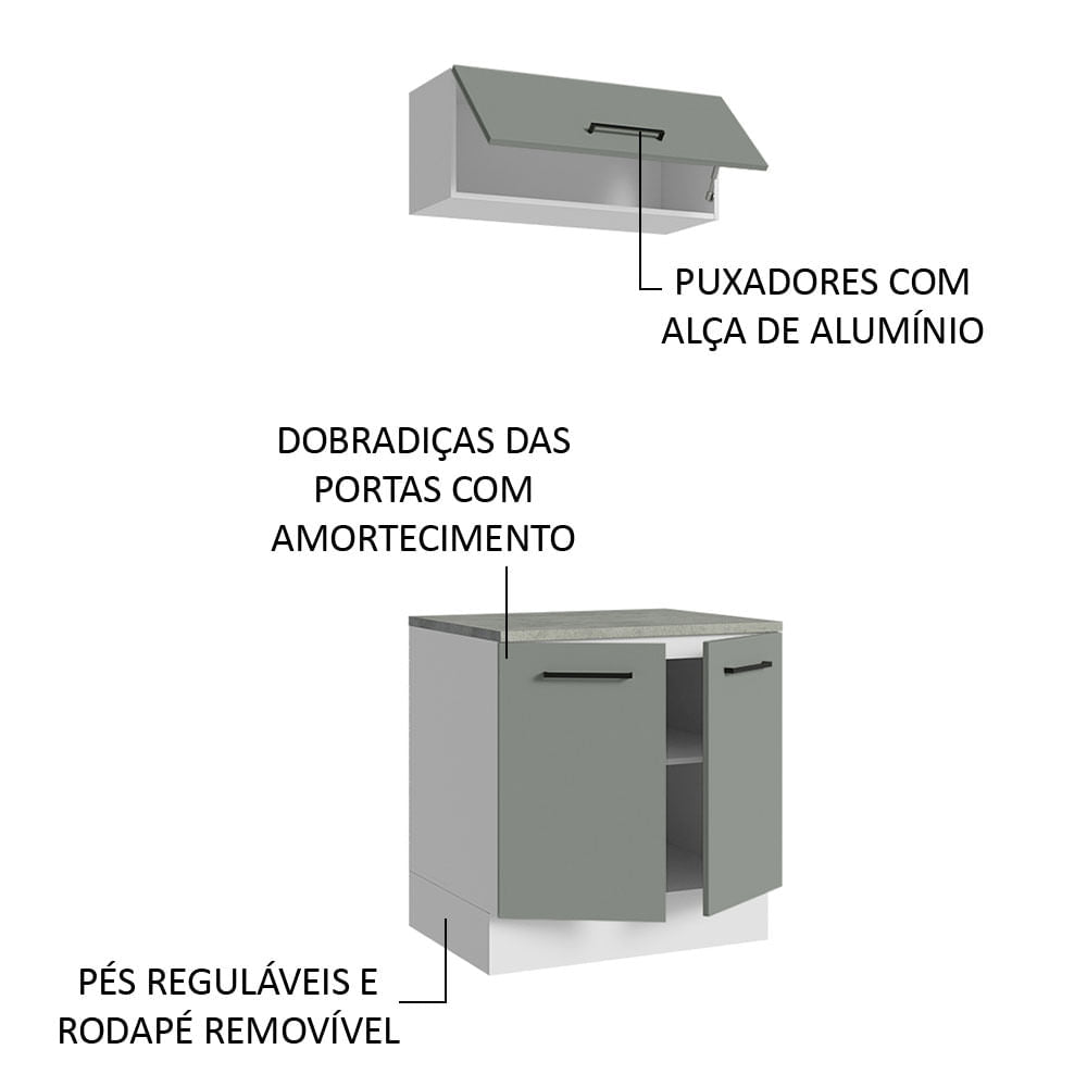 Kit com Balcão e Armário Aéreo Multiuso 80cm Branco/Cinza Agata Madesa