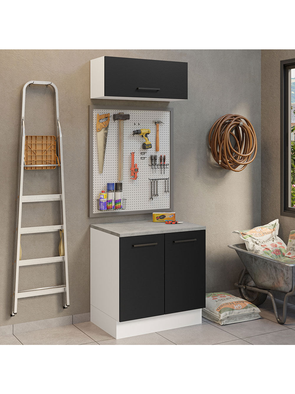 Kit com Balcão e Armário Aéreo Multiuso 80cm Branco/Preto Agata Madesa - Branco/Preto