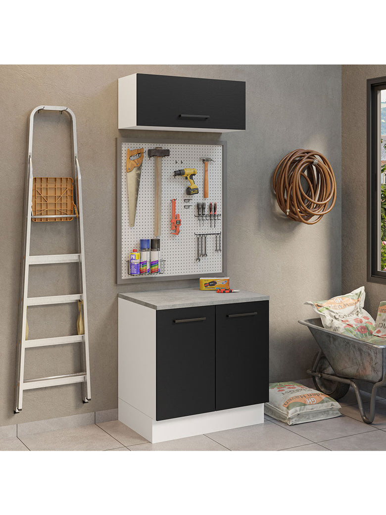 Kit com Balcão e Armário Aéreo Multiuso 80cm Branco/Preto Agata Madesa