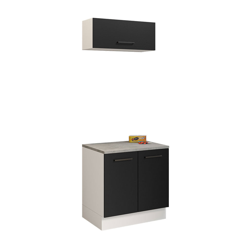 Kit com Balcão e Armário Aéreo Multiuso 80cm Branco/Preto Agata Madesa - Branco/Preto