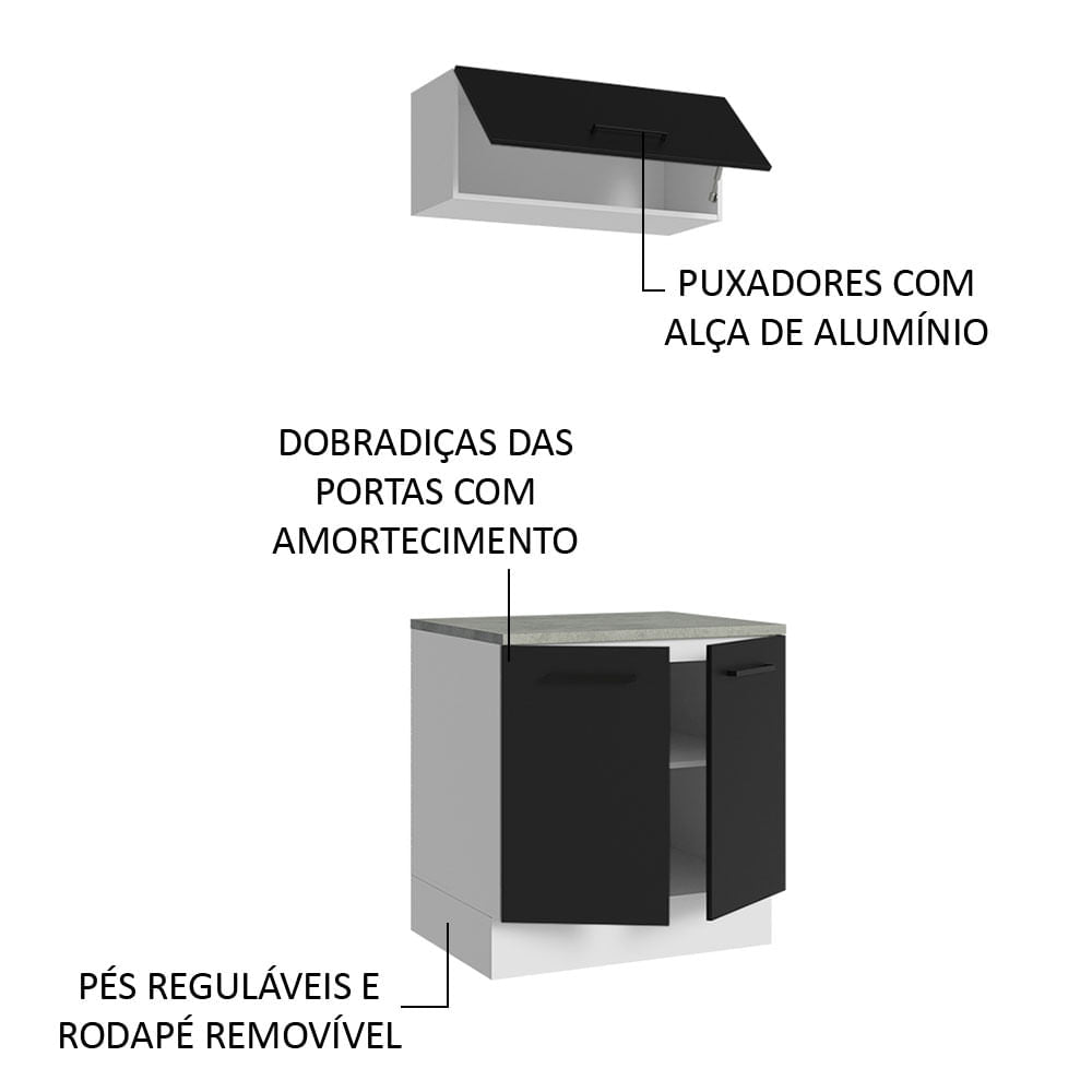 Kit com Balcão e Armário Aéreo Multiuso 80cm Branco/Preto Agata Madesa