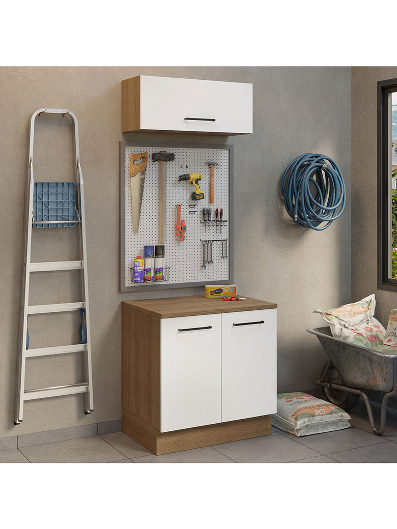 Kit com Balcão e Armário Aéreo Multiuso 80cm Rustic/Branco Agata Madesa