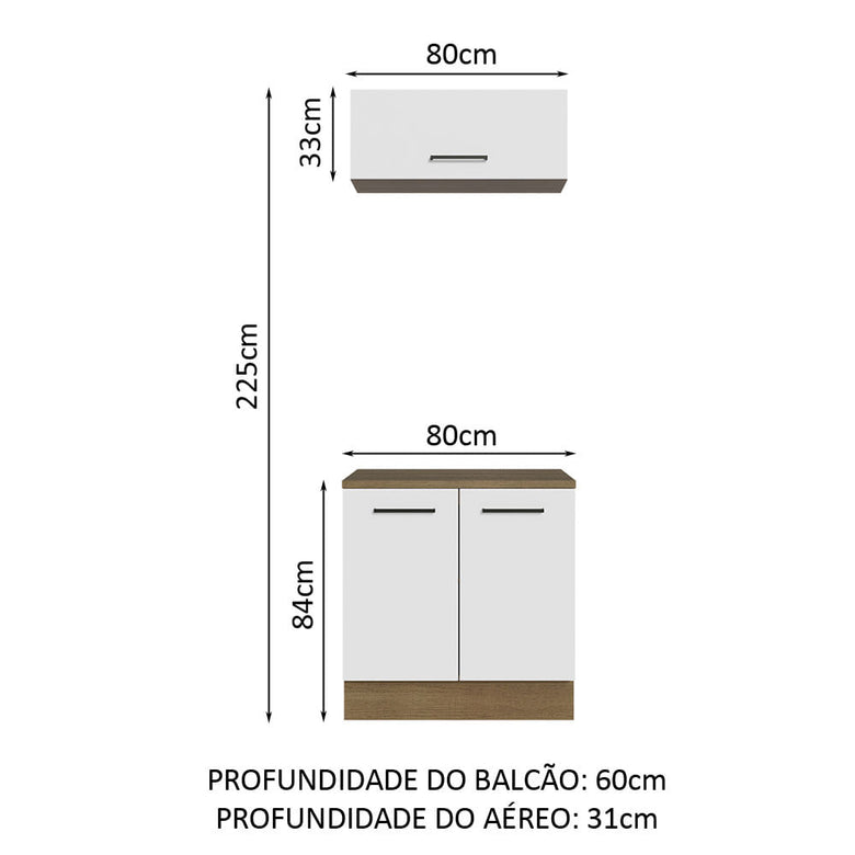 Kit com Balcão e Armário Aéreo Multiuso 80cm Rustic/Branco Agata Madesa
