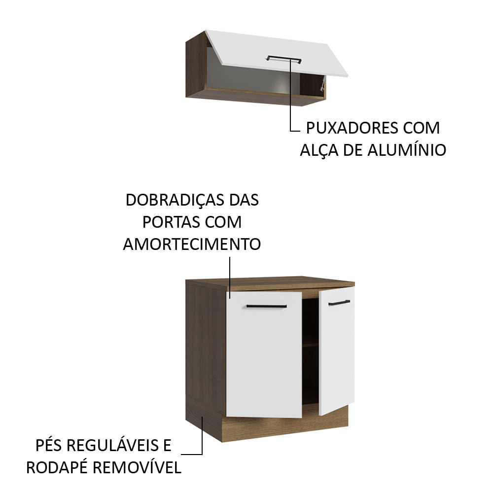 Kit com Balcão e Armário Aéreo Multiuso 80cm Rustic/Branco Agata Madesa