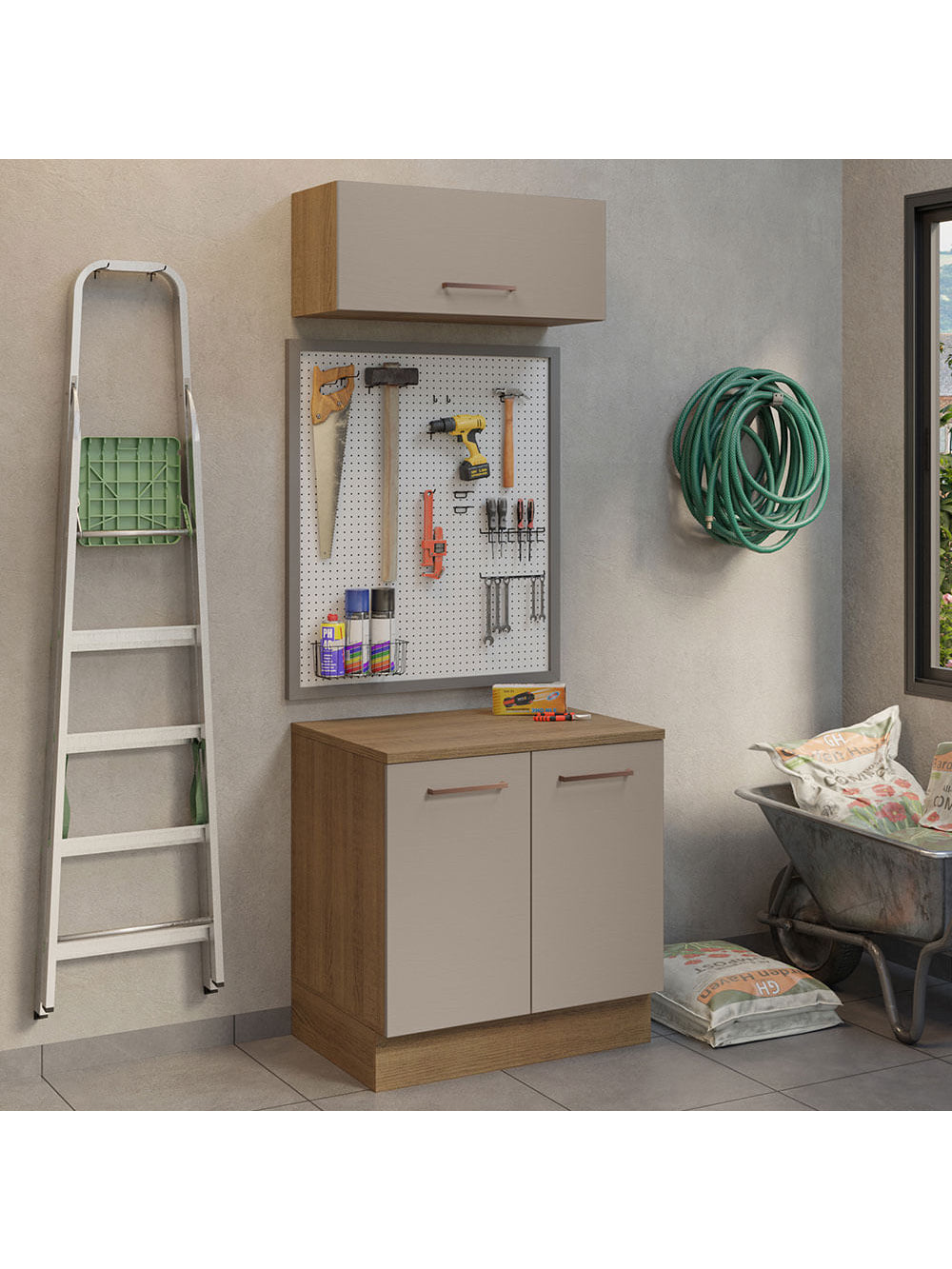 Kit com Balcão e Armário Aéreo Multiuso 80cm Rustic/Crema Agata Madesa - Rustic/Crema