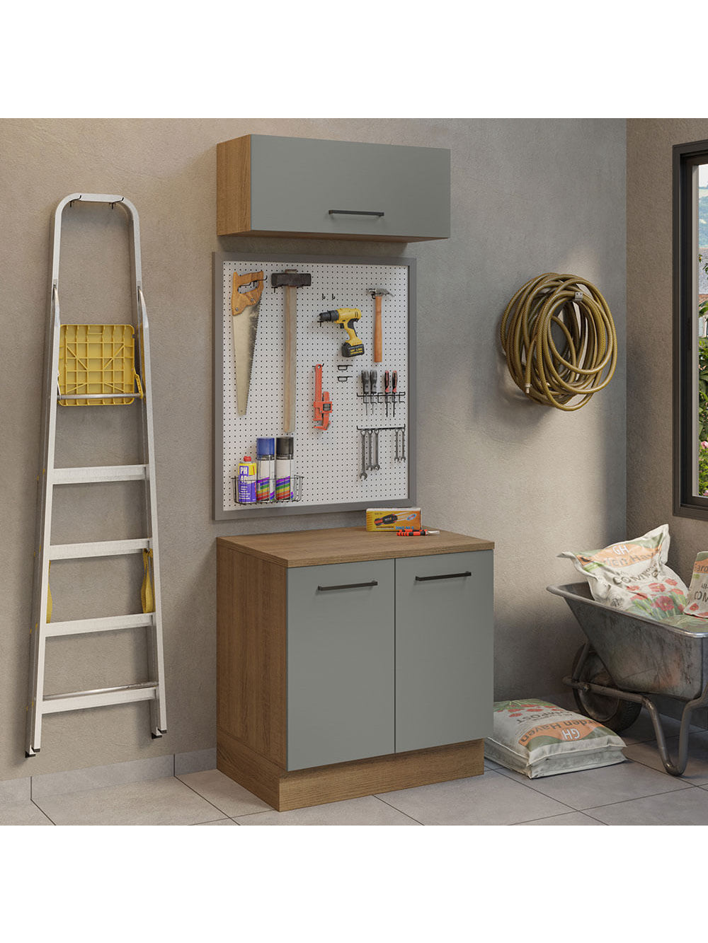 Kit com Balcão e Armário Aéreo Multiuso 80cm Rustic/Cinza Agata Madesa - Rustic/Cinza