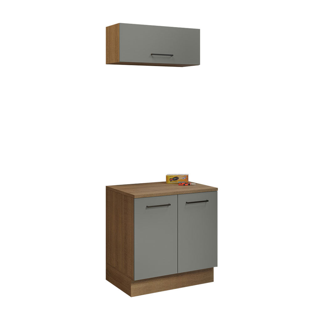 Kit com Balcão e Armário Aéreo Multiuso 80cm Rustic/Cinza Agata Madesa - Rustic/Cinza