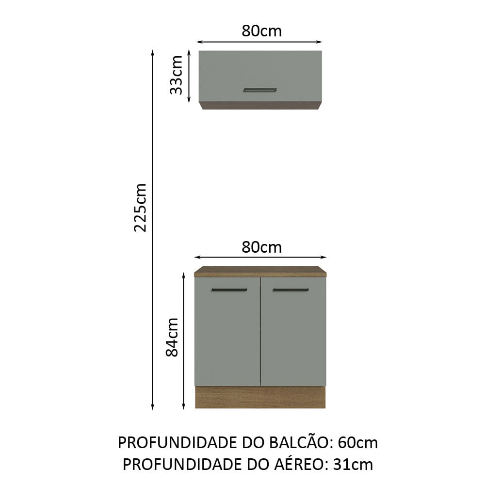 Kit com Balcão e Armário Aéreo Multiuso 80cm Rustic/Cinza Agata Madesa