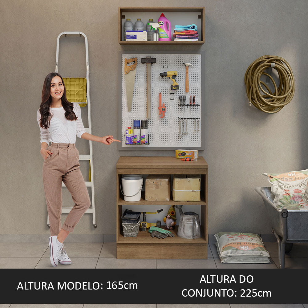 Kit com Balcão e Armário Aéreo Multiuso 80cm Rustic/Cinza Agata Madesa