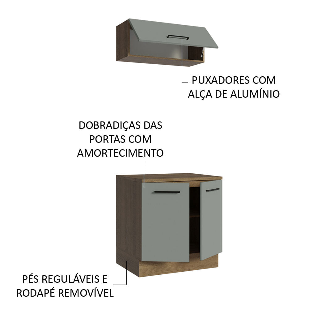 Kit com Balcão e Armário Aéreo Multiuso 80cm Rustic/Cinza Agata Madesa
