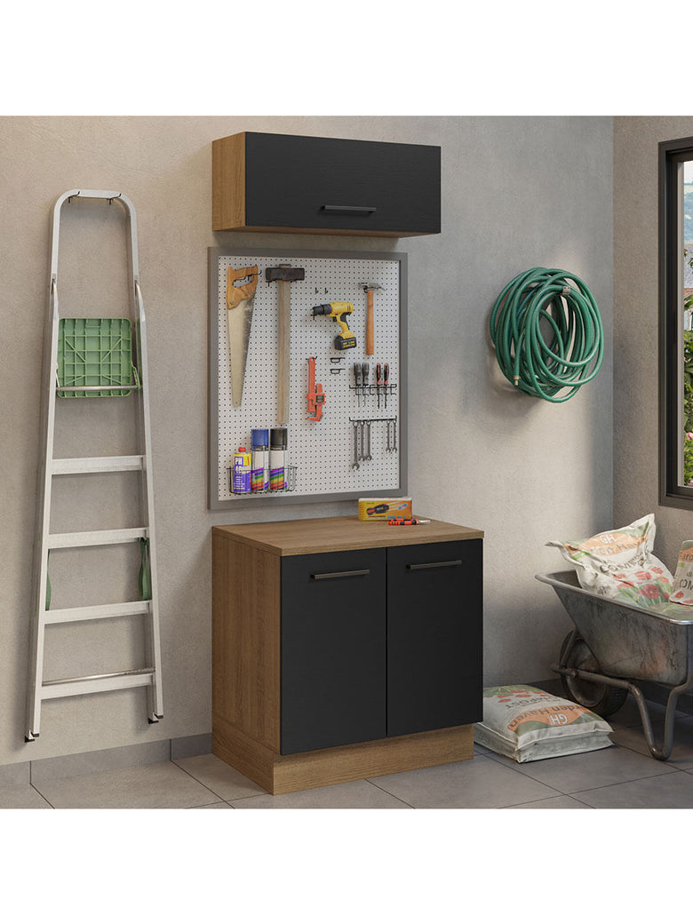 Kit com Balcão e Armário Aéreo Multiuso 80cm Rustic/Preto Agata Madesa