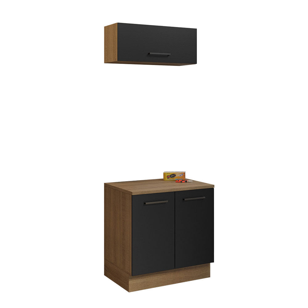 Kit com Balcão e Armário Aéreo Multiuso 80cm Rustic/Preto Agata Madesa - Rustic/Preto