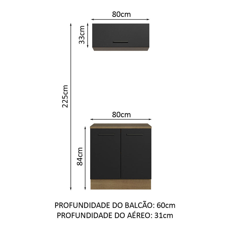 Kit com Balcão e Armário Aéreo Multiuso 80cm Rustic/Preto Agata Madesa
