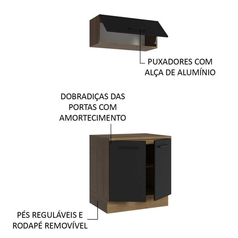 Kit com Balcão e Armário Aéreo Multiuso 80cm Rustic/Preto Agata Madesa