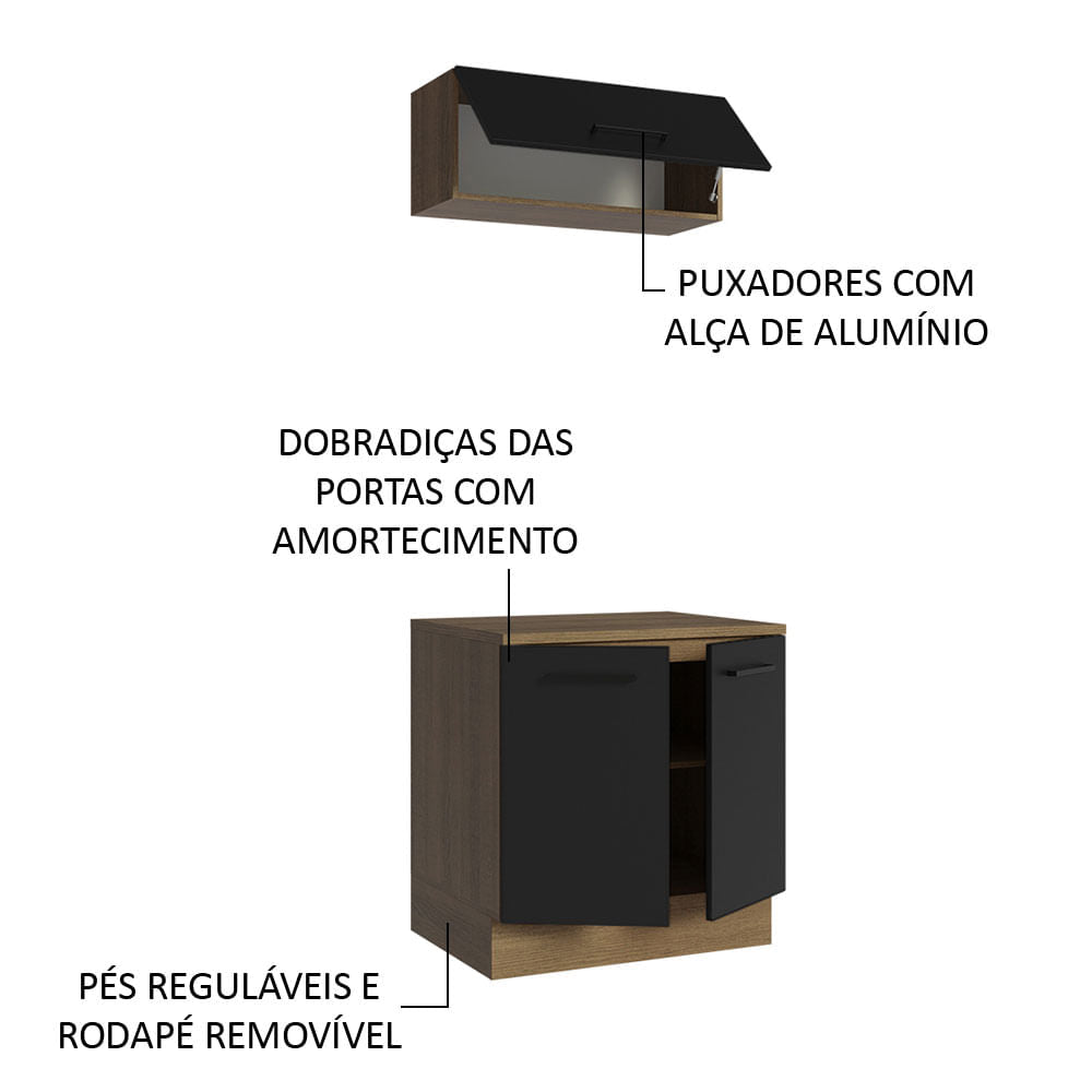 Kit com Balcão e Armário Aéreo Multiuso 80cm Rustic/Preto Agata Madesa
