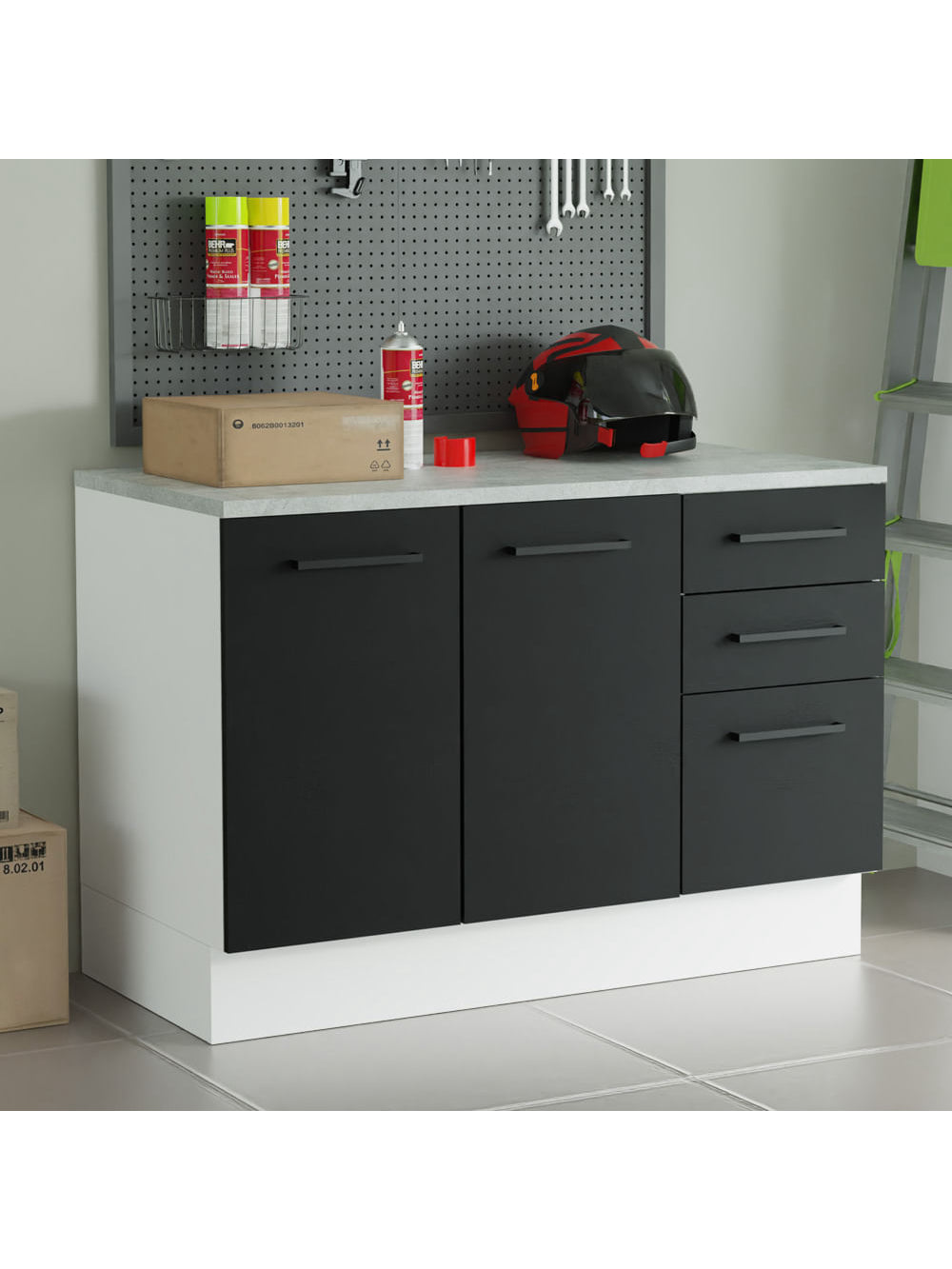 Balcão Multiuso 120cm 2 Portas 3 Gavetas Branco/Preto Agata Madesa - Branco/Preto