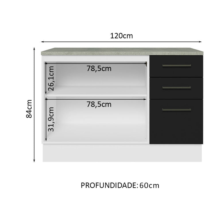 Balcão Multiuso 120cm 2 Portas 3 Gavetas Branco/Preto Agata Madesa