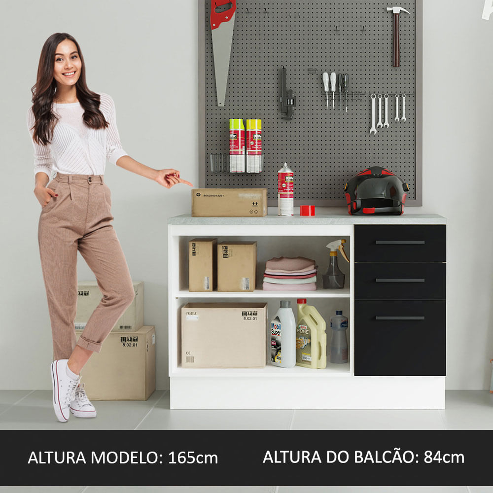 Balcão Multiuso 120cm 2 Portas 3 Gavetas Branco/Preto Agata Madesa
