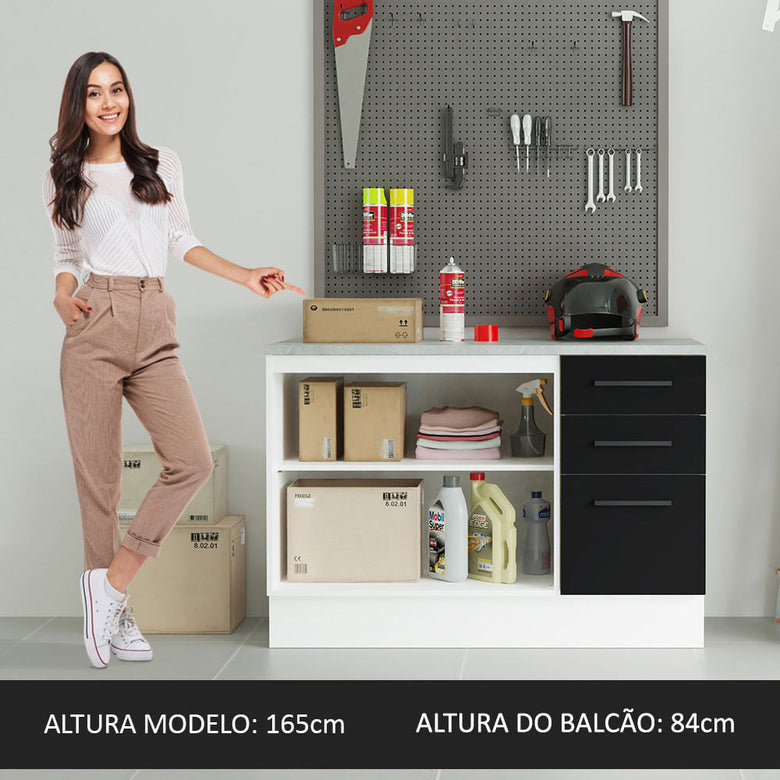 Balcão Multiuso 120cm 2 Portas 3 Gavetas Branco/Preto Agata Madesa
