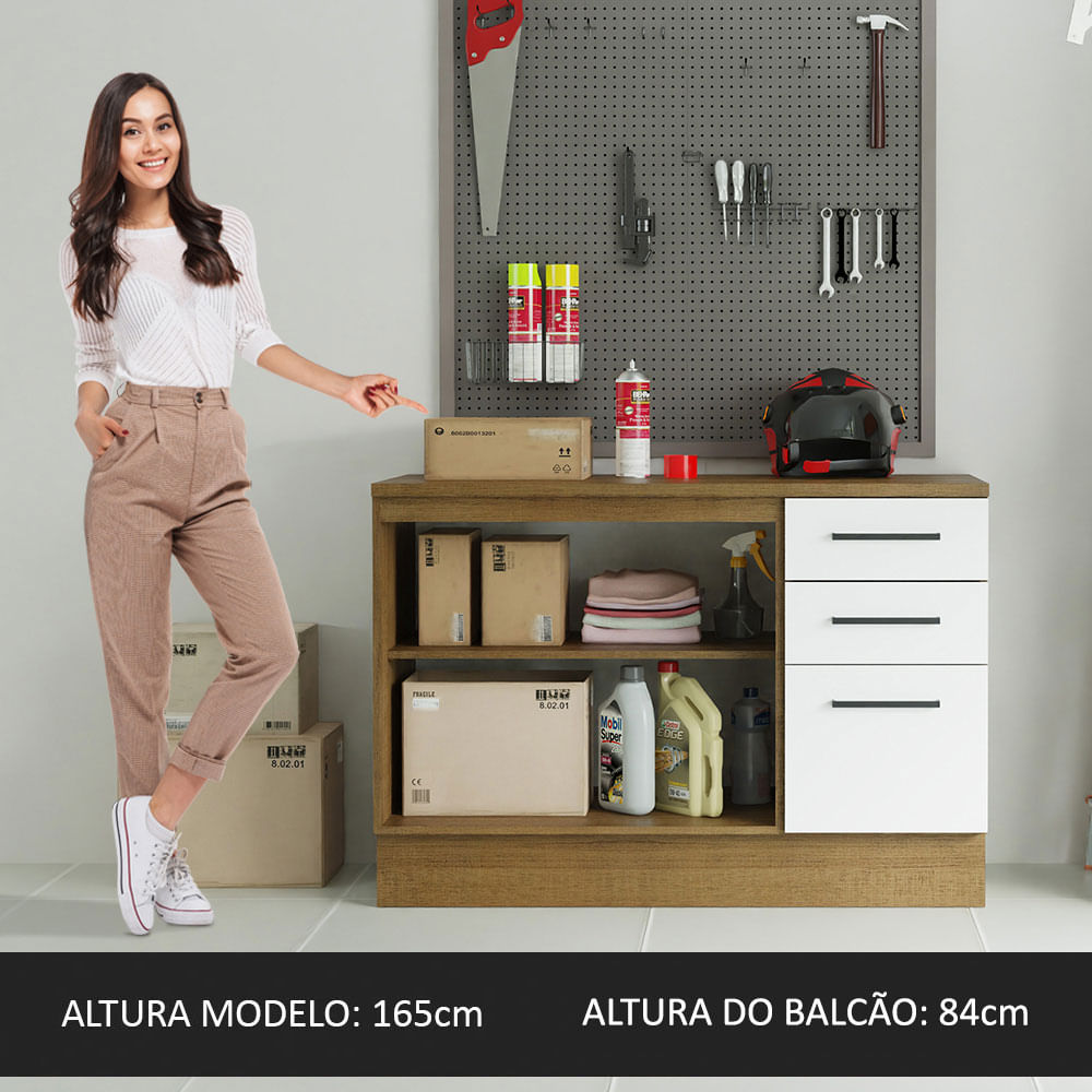 Balcão Multiuso 120cm 2 Portas 3 Gavetas Rustic/Branco Agata Madesa