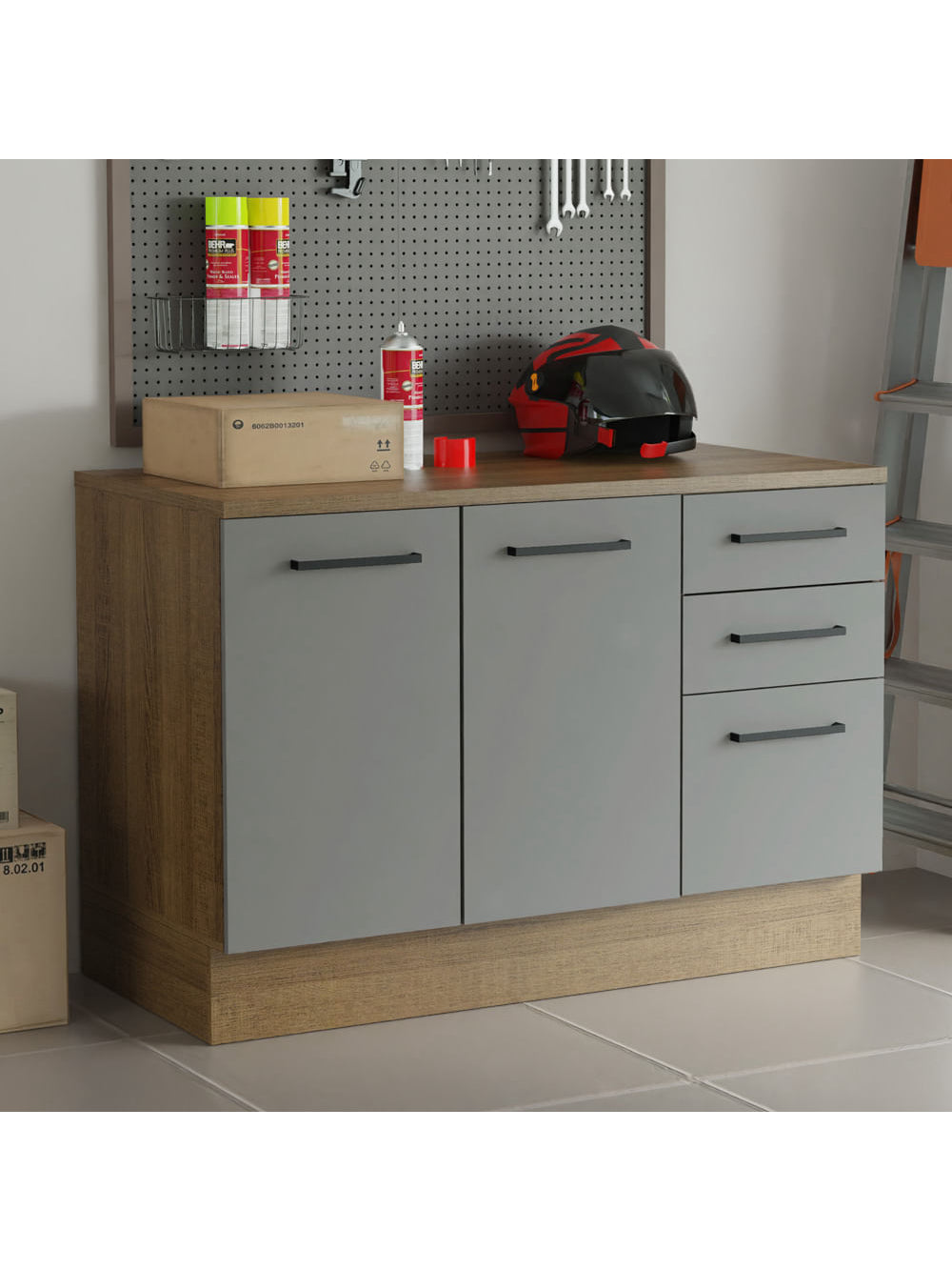 Balcão Multiuso 120cm 2 Portas 3 Gavetas Rustic/Cinza Agata Madesa - Rustic/Cinza