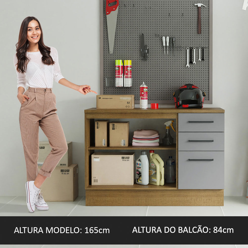 Balcão Multiuso 120cm 2 Portas 3 Gavetas Rustic/Cinza Agata Madesa