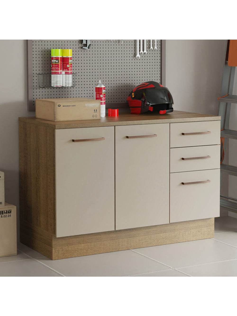 Balcão Multiuso 120cm 2 Portas 3 Gavetas Rustic/Crema Agata Madesa - Rustic/Crema