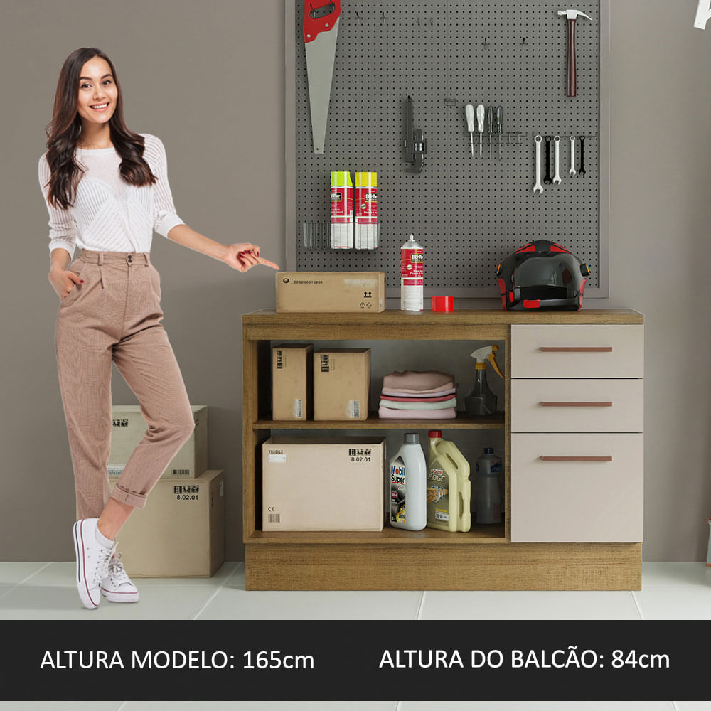 Balcão Multiuso 120cm 2 Portas 3 Gavetas Rustic/Crema Agata Madesa