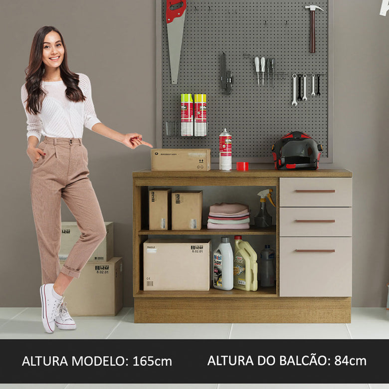 Balcão Multiuso 120cm 2 Portas 3 Gavetas Rustic/Crema Agata Madesa