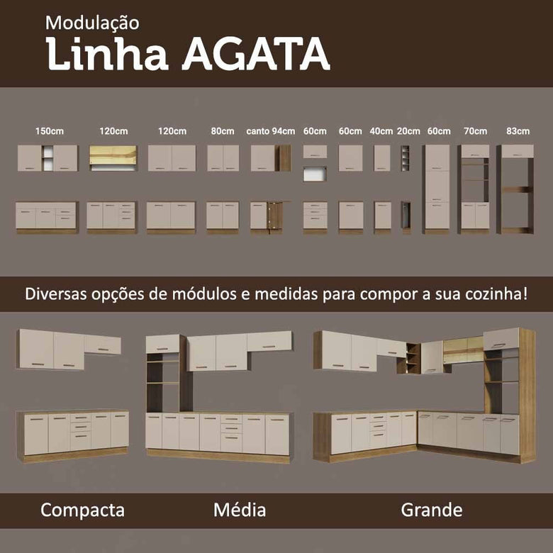 Balcão Multiuso 120cm 2 Portas 3 Gavetas Rustic/Crema Agata Madesa