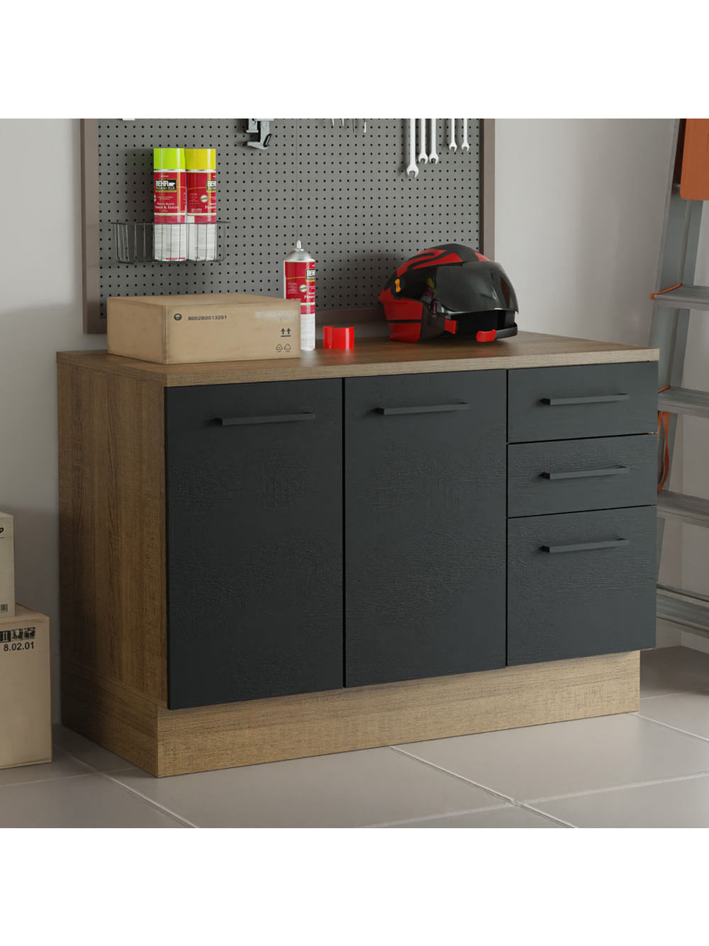 Balcão Multiuso 120cm 2 Portas 3 Gavetas Rustic/Preto Agata Madesa - Rustic/Preto