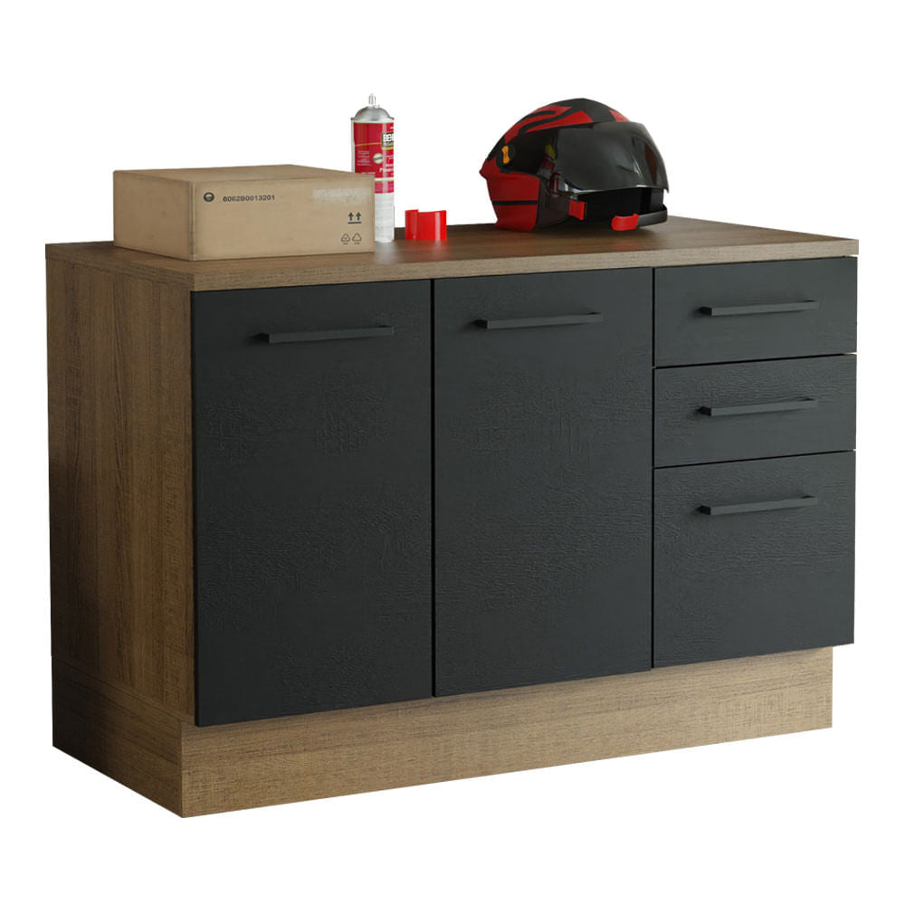 Balcão Multiuso 120cm 2 Portas 3 Gavetas Rustic/Preto Agata Madesa - Rustic/Preto