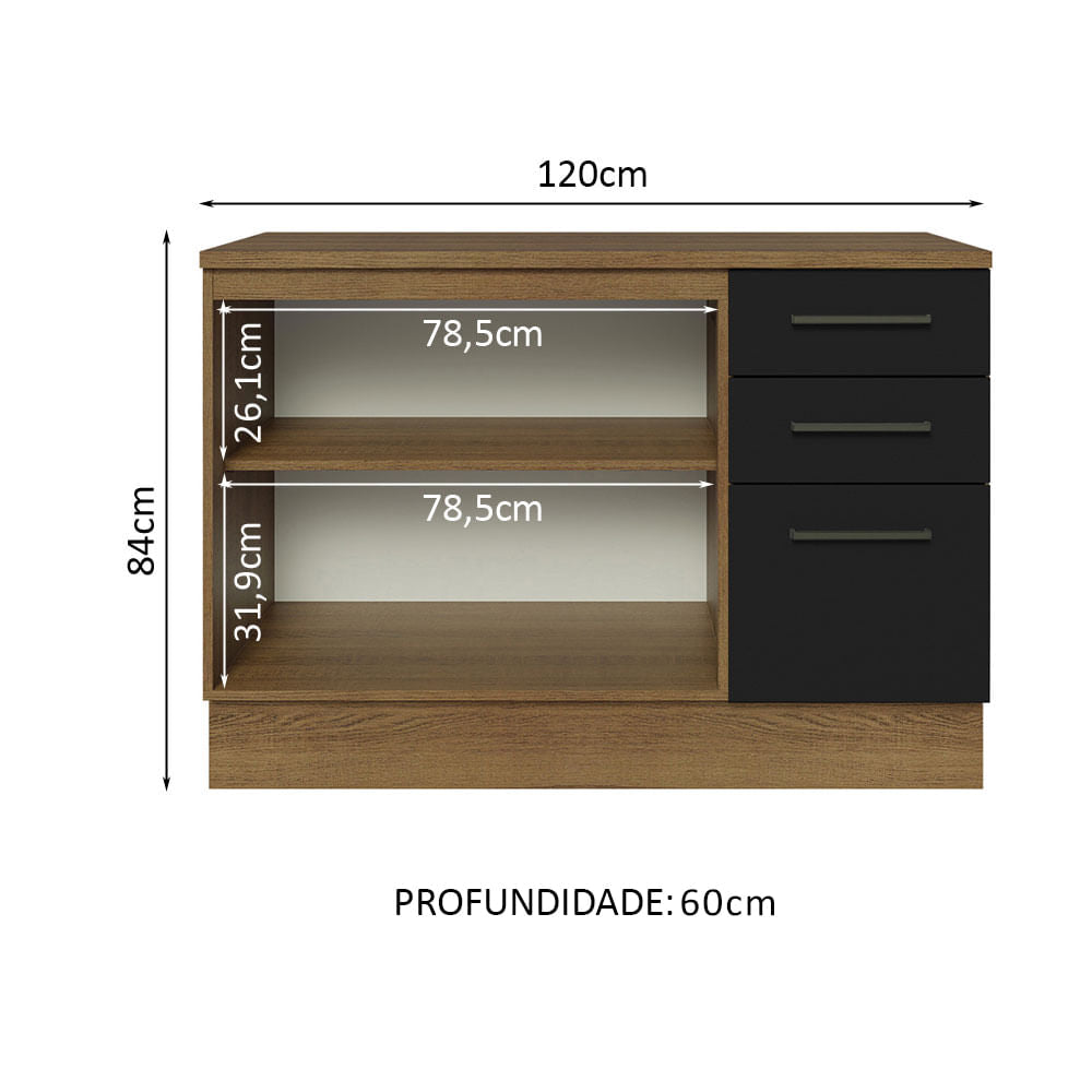 Balcão Multiuso 120cm 2 Portas 3 Gavetas Rustic/Preto Agata Madesa